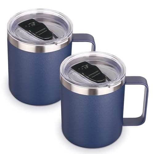 Volhoply 14oz Insulated Stainless Steel Coffee Mug with Lid Bulk 2 Pack,Double Wall Vacuum Travel Coffee Cup with Handle,Reusable Metal Tumbler,Camping Mugs Keep Hot,Christmas Gifts(Navy,2)