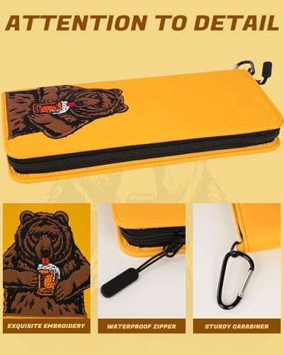 LZFAN Golf Glove Holder Case for Accessories Portable Golfer Gifts for Men & Women Caddy Organizer Case with Storage Slots for Cards, Tees & Ball Markers Embroidered Beer Bear, Yellow — view 2