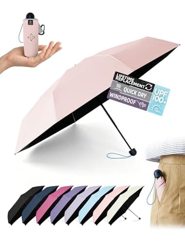 LILAC Compact Travel Umbrella for Purse, Mini Folding Pocket Parasol with Windproof Absorbent Sleeve, UPF 100+ UV Sun Protection, 30% Thickened Alloy Steel Shaft, Double Fiberglass Reinforced