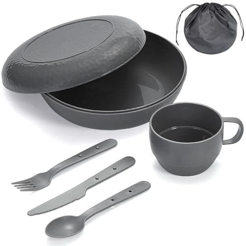 Berglander Camping Mess Set with Bowl, Plate, Cup, Spoon, Fork, Knife and Carry Bag, Camping Accessories Equipment for Travel, Picnic, Easy to Carry and Clean (Gray)