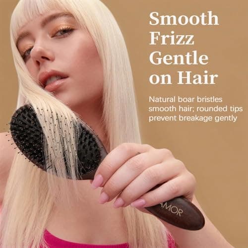SilkAmor Boar Bristle & Nylon Mixed Hair Brush Set, Wooden Cushion Paddle for Gentle Detangling & Smoother-Looking Hair, Travel Kit with Cleaner, Mirror, Headband & Linen Pouch — view 4