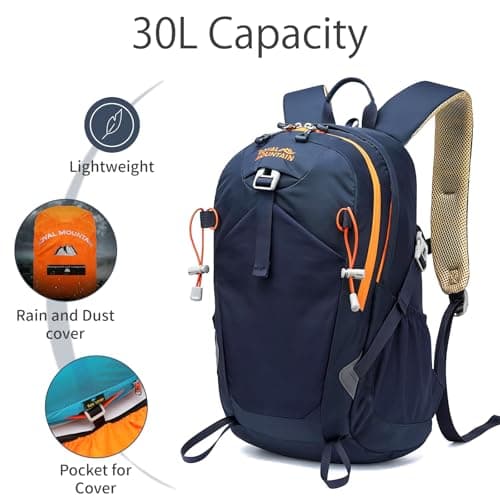 Lightweight Hiking Backpack, 30L Women/Men Waterproof Travel Rucksack Bag with Rain Cover, Outdoor Small Foldable Daypack for Student, Fit for 15.6 inch Laptop (Navy Blue, 30L) — view 3