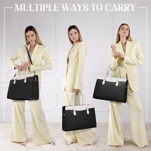 RAINSMORE Laptop Bags for Women 15.6 Inch Ladies Work Bag PU Leather Designer Laptop Handbag Large Laptop Tote Bag for School Computer Business Travel Black and White — view 2