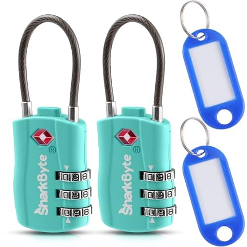 SharkByte Slim TSA Approved Luggage Locks, 3-Dial Security Travel Combination Padlock with Tags, Flexible Cable Wire Travel Lock, Suitcase Locks, Bag, Gym Locker, Small Padlock with Code (2 Pack)