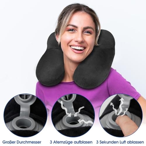 Travel Pillow, Neck Pillow Inflatable for Aeroplane with Ear Plugs, Soft Velvet, Ergonomic Neck Pillow, Travel Pillow, Inflatable for Office, Plane, Car, Travel, Camping, Sleeping Rest Pillow (Black) — view 2