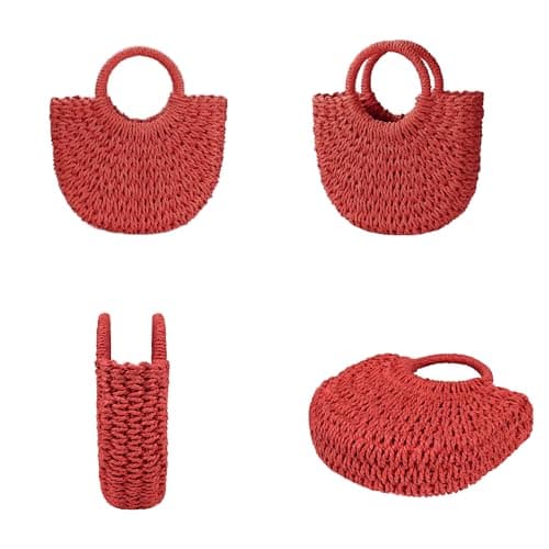 Womens Straw Beach Bag Woven Crossbody Shoulder Bags Top Handle Satchel Handbag Purse for Summer, Red, One Size — view 3