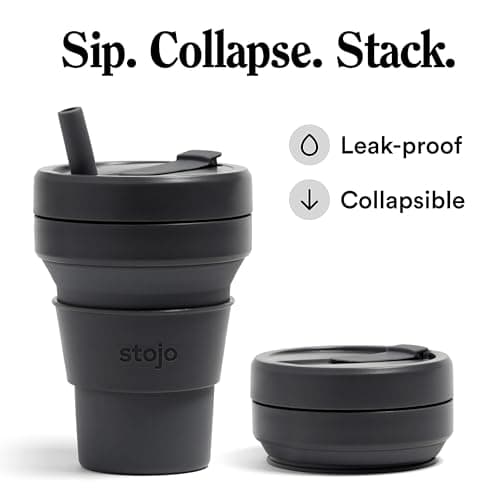 STOJO On-The-Go Biggie Collapsible Coffee Cup with Lid - 16oz / 473ml - Reusable & Foldable Silicone Travel Mug - Portable, Pocket Size - Dishwasher Safe - Carbon — view 2