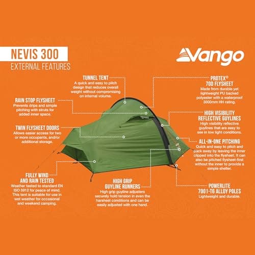 Vango Nevis 300 Tunnel Tent Hiking Backpacking Wild Camping | DofE Recommended Kit | Waterproof, Easy Setup, Lightweight, Compact | Alloy Poles & 3000mm HH Material (3 Person) — view 5