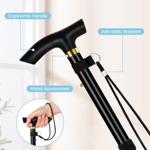 Flintronic Walking Stick, Folding Walking Stick, Adjustable Folding Walking Sticks, Collapsible Lightweight Flexible Stick, Comfortable Grip Durable Mobility Aid for Men Women, Black — view 4