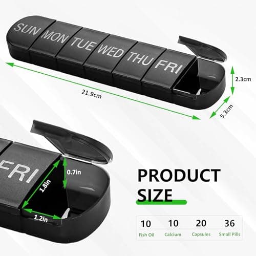 Portable Weekly Pill Box Organiser, 7 Day Travel Pill Case with Push Button Pop Open Lids Design, Black Weekly Tablet Pill Organiser for Vitamins, Supplements & Medicine Mark Curve — view 2