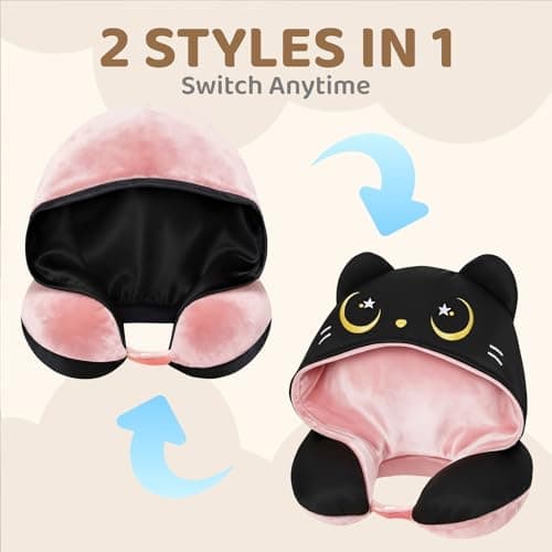 Mewaii Travel Neck Pillow, Airplane Pillow with Cat Hood, Pink — view 6