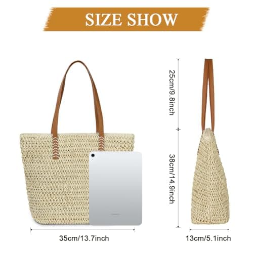 Aucuu Straw Shoulder Bag, Straw Bag for Women, Beach Bag, Large Zippered Handbag Tote Bag, Bohemian Summer Handheld Shoulder Bag for Outdoor Travel and Beach (Off White) — view 4