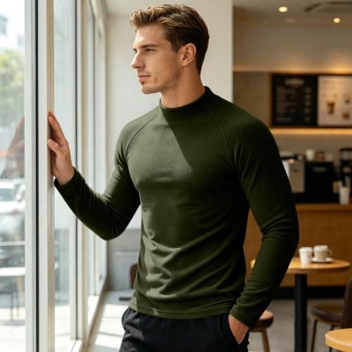 Turtleneck Tops for Men, Slim Fit Thermal Long Sleeve Base Layer,Army Green — view 3