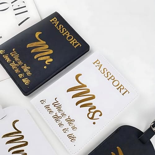 His and Hers Giftable Travel Pack | 2 x Passport Covers and 2 x Luggage Tags | Designed Especially for Couples Travel Lovers | Suitable Wedding Gift | Cute and Thoughtful | PU leather Black and White — view 6
