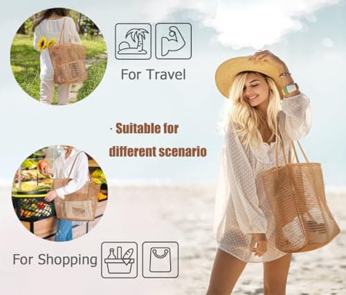 MSLSOZ Reusable Shopping Bag, Mesh Beach Tote Bag, 22L Khaki Shopping Bag with Double Handles, Bag for Women — view 6