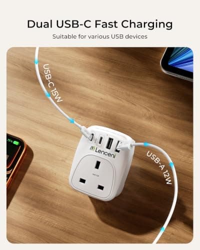 LENCENT USB Plug Charger UK, 2 Type C＆2 USB Ports, 1 Way Socket Extension — view 3