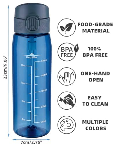 OLDLEY 600ml/20oz Water Bottles with Straw Leakproof Tritan Water Bottle with Handle BPA Free Time Marker Sports Drinking Bottle for School, Travel, Sports (Navy Blue) — view 5