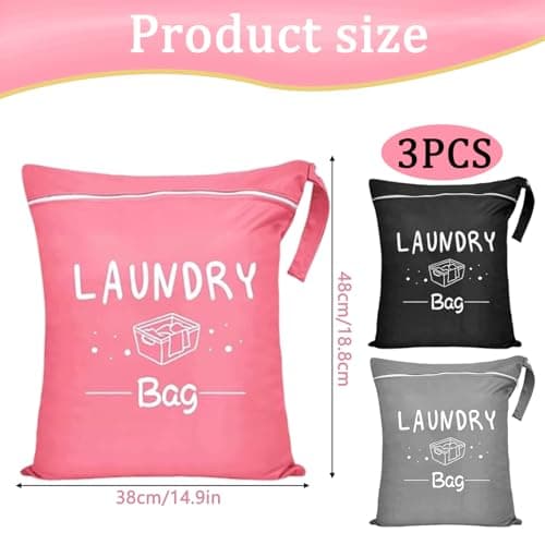 3 PCS Travel Laundry Bags, Portable Laundry Travel Bag with Zipper and Handle, Laundry Bags for Travelling Gym Camping for Dirty Clothes (Black Gray Pink) — view 2
