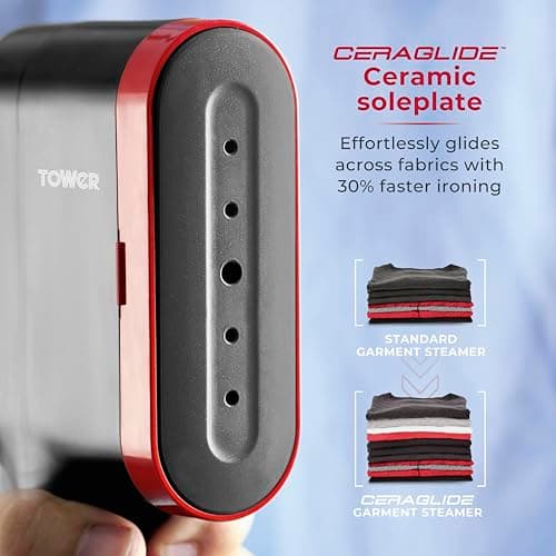 Tower Garment Steamer 1400W, Handheld Clothes Steamer for Fast Crease Removal, Compact Design, 14g/min Continuous Steam, Ceramic Soleplate, 80ml Tank, Red (T22038RED) — view 4