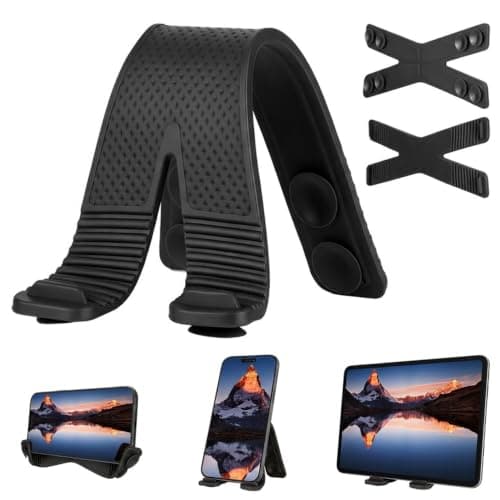 Airplane Phone Holder, Flexible Silicone Cell Phone Stand with Suction Cups & Charging Cutout, Bendable Foldable Portable Travel Essentials for Desk Bed Treadmill, All Phones Tablets, Black 1 Pack