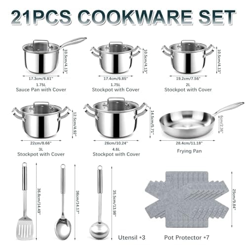 Fruikit 21P Stainless Steel Pots and Pans Set - Professional Induction Hob Cookware Set - Tri-Ply Base 30 cm Saucepan Set, 18 cm Saucepans & 18/20/22/26 cm Casserole - Non-Toxic Pot Set for Kitchen — view 2