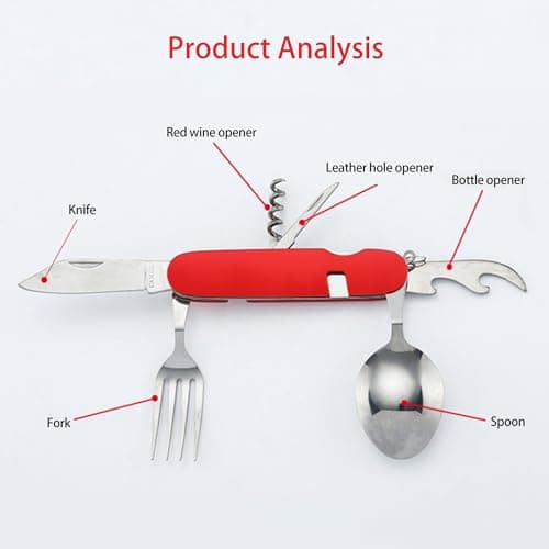 FUZVOL Folding Camping Cutlery Set Stainless Steel Portable Utensil 6 in 1 Multitool Outdoor Tableware for Travel, Hiking, Picnic (2 Pack), Black+Red — view 6