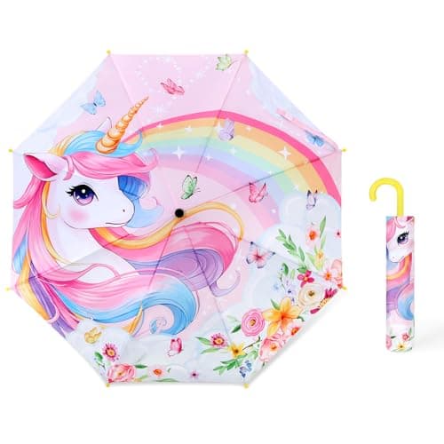 Decalsweet Kids Umbrella Unicorn Stick Folding Umbrella Safety Open