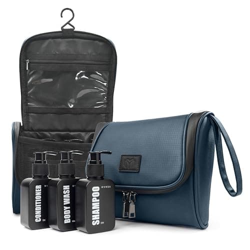 Wash Bag for Men, Hanging Toiletry Bag - Men's Travel Wash Bag with Refillble Shampoo Bottles, Compact Toiletry Organiser | Water Resistant Dopp Kit, Travel Essentials, Gifts for Men (Navy Blue)