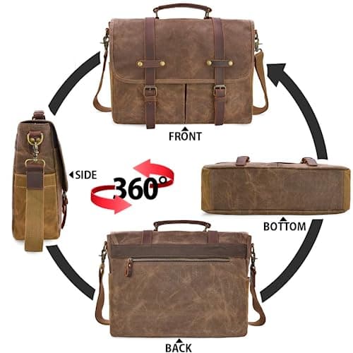 NEWHEY Mens Laptop Shoulder Canvas Messenger Bag Waterproof Computer Briefcase Notebook Vintage Satchel Designer School Work Bags Brown 15.6 Leather — view 6