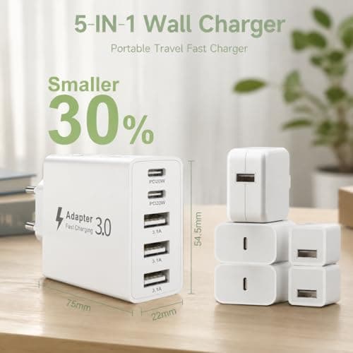 EU Travel Adapter Charger, 50W European Plug Adapter Fast Charging with 2USB C &3USB A, Multi European USB Charger Plug Wall Adaptor for iPhone 17 16 15 14 13,Samsung Galaxy S26 S25,Europe Travel Plug — view 2