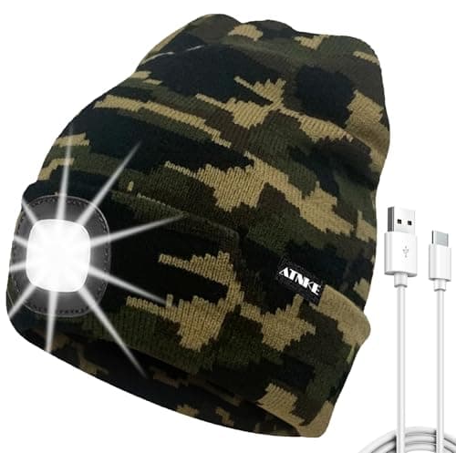 ATNKE LED Lighted Beanie Hat, USB Type C Rechargeable 4 LED Running Headlamp Ultra Bright Cap with Light Hands Free Head Torch Winter Warm Knit Beany Gifts for Men and Women/Camouflage Green