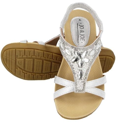 Jo & Joe Ladies Faux Leather Peep Open Toe Sling Back T-Bar Dimante Flat Flip Flop Sandals Size 3-8 (UK 7, Silver) — view 3