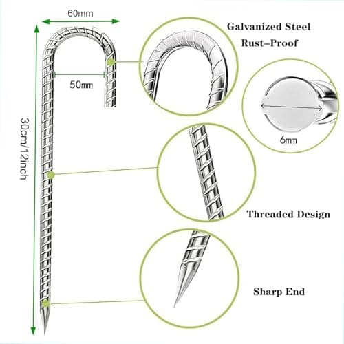 8Packs 12inch Tent Pegs Heavy Duty Trampoline Tents Anchor Ground Pegs - Galvanized Steel Rust-Proof J Hook Rebar Stakes Fit Trampolines Outdoor Camp Garden Shed Swings Canopies with Chisel Point End — view 3
