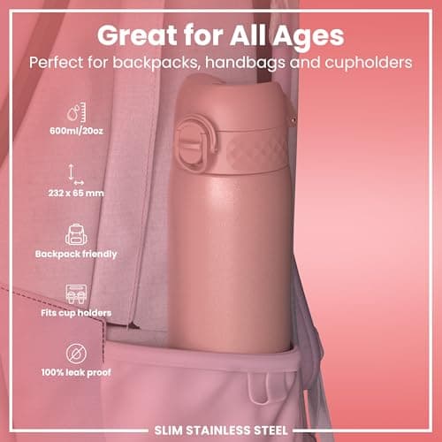 ION8 Lightweight Steel Water Bottle, 600 ml/20 oz, Non-Insulated, Leak Proof, Easy to Open, Secure Lock, Dishwasher Safe, Flip Cover, Fits Cup Holders, Carry Handle, Metal Water Bottle, Ash Rose Pink — view 2