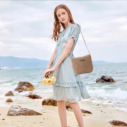 Businey Straw Bag for Women, Summer Straw Beach Crossbody Bags for Women with Zipper Adjustable Strap, Bohemian Weave Handmade Shoulder Handbags for Holiday Beach Travel — view 2