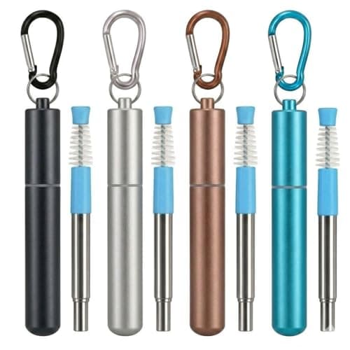 Metal Straws Reusable Drinking, 4 Pack Foldable Travel Straws with Carry Case, 304 Stainless Steel, Adjustable Length up to 23cm, Includes Cleaning Brush, Eco-Friendly