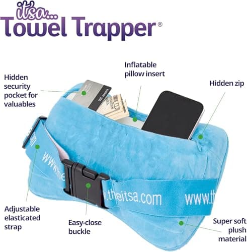 ITSA Beach Comfort Bundle – Terry Towelling Lightweight Beach Towel with Pockets & Handles | 100% Cotton (Light Blue) + Towel Trapper Inflatable Beach & Travel Pillow(Caribbean Turquoise) — view 5