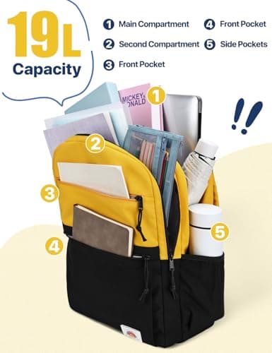 VASCHY School Bag, Lightweight Classic Cute Aesthetic Bookbag Daypack for Teen Boys Girls Traveling/Gym/Middle School Yellow Black — view 5