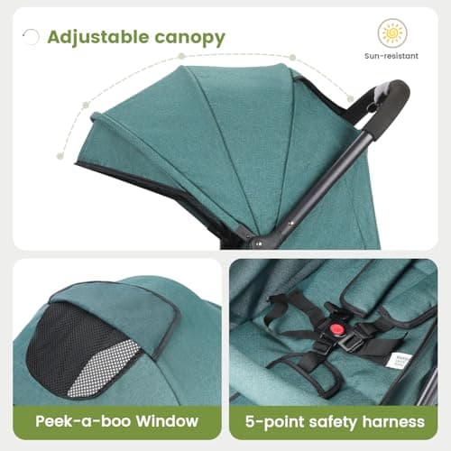 Convenience Baby Stroller – Lightweight & Compact Travel Umbrella Stroller, Quick One-Hand Fold, Lockable Rear Wheels, Adjustable Canopy, 5-Point Safety Harness & Shopping Basket (Dark Green) — view 5