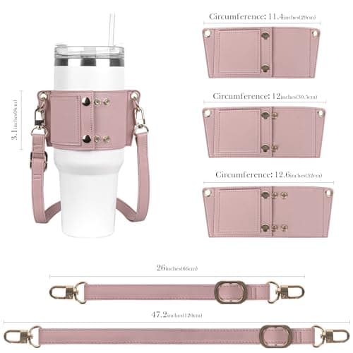 Linkidea Vegan Leather Water Bottle Carrier, Compatible with Stanley Quencher H2.0 30oz/40oz, Simple Modern 40oz Tumbler, Pink — view 2