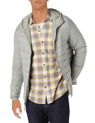 Amazon Essentials Men's Lightweight Water-Resistant Packable Hooded Puffer Jacket, Light Grey, M
