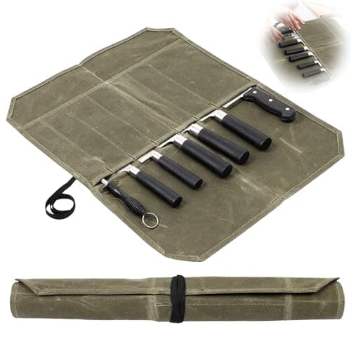 GYMMFK Knife Roll for Chefs, 7 Slots Waxed Canvas Knife Bag Case for Pro Chefs or Culinary Enthusiasts, Large Capacity Easy Carry (Army Green)