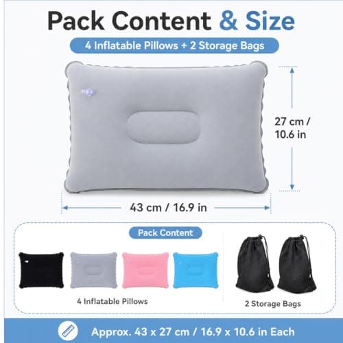 Pownert 4 Pack Blow Up Pillow 43 x 27cm, Inflatable Pillow Set with 2 Storage Bags, Beach Pillow for Sunbathing, Sunbed Pillow, Inflatable Cushion for Sun Lounger Camping Travel — view 2