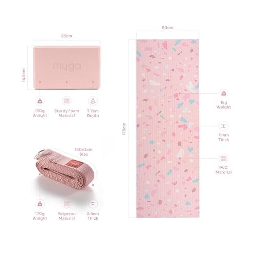 MYGA Yoga Starter Set - 6mm Non-Slip Yoga Mat, Yoga Block and Strap - Starter Kit for Beginners in Pilates, Exercise and Fitness - Terrazzo — view 2