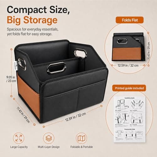 Noaman Car Organiser - 2025 Upgraded Leather Car Storage Organiser for Front Back Seat or Floor with 3 Metal Handles 6 Apartments, Multipurpose Car Caddy Organisers and Storage Black — view 2