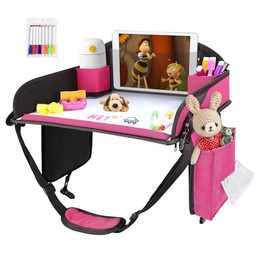INFANZIA Kids Travel Tray for Car - Car Seat Tray with Markers for Kids Travel, Road Trip Essentials - Carseat Table for Roadtrip Activities - Must Have Toddler Lap Desk Organizer for Airplane (Pink)