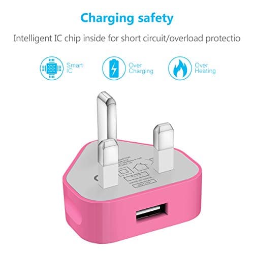 SLTX UK 3 Pin Plug Mains Charger Adapter 1AMP 1000mAh Fast Speed Universal Travel Wall Charger for iPhone, iPad, iPod, Samsung Galaxy Tab, HTC, Tablet & USB Devices (Baby Pink) — view 5