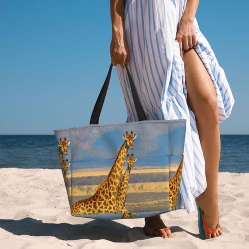 AACPPB Warm Gold Giraffe Pair Printed Oversized Beach Tote, Multi-Pocket Travel Bag, Lightweight Waterproof Pool Handbag — view 2
