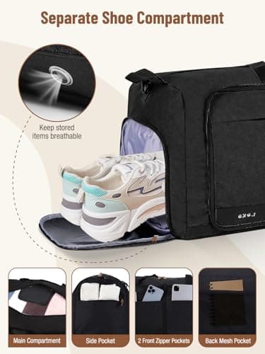 Lekesky Large Foldable Travel Duffe Bag - 60L Waterproof Holdall Luggage Bag with Shoes Compartment, Weekend Overnight Sports Bag for Women and Men(Black, 63 * 30 * 28cm) — view 4