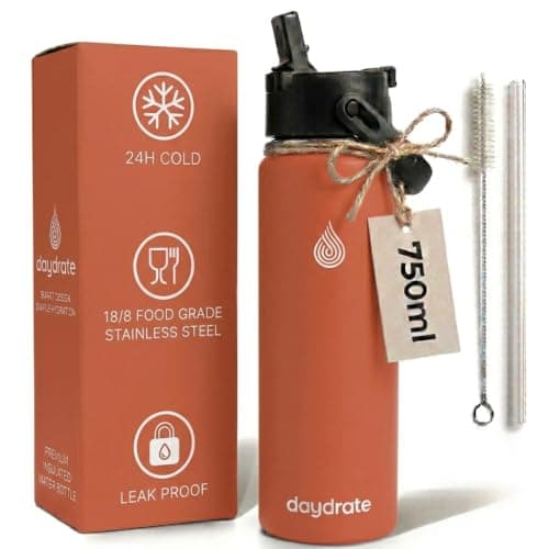 Insulated Metal Water Bottle with Straw 750ml- Stainless Steel Water Bottle, BPA Free, Dual Lid Straw & Spout, Leakproof, 24 Hours Cold & Hot, Work, Travel, Gym Bottle for Men & Women-Orange- Daydrate